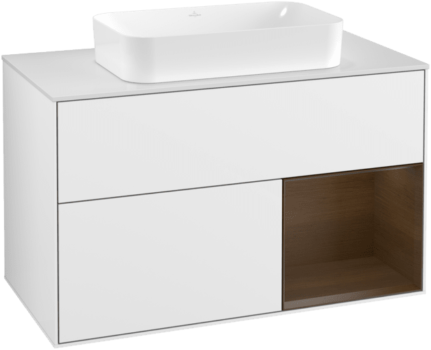 VILLEROY BOCH Finion Vanity unit, with lighting, 2 pull-out compartments, 1000 x 603 x 501 mm, Glossy White Lacquer / Walnut Veneer / Glass White Matt #F251GNGF resmi