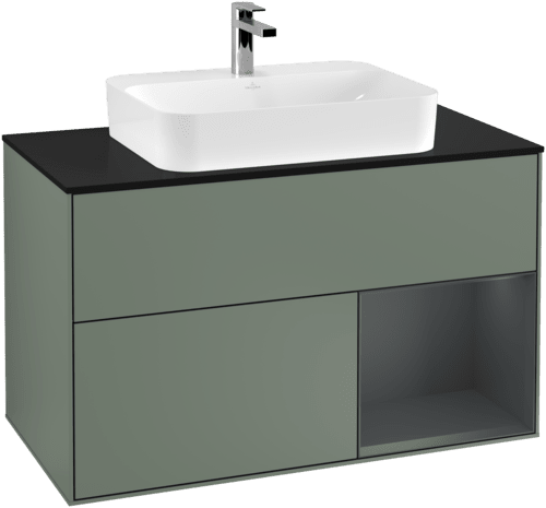 Picture of VILLEROY BOCH Finion Vanity unit, with lighting, 2 pull-out compartments, 1000 x 603 x 501 mm, Olive Matt Lacquer / Midnight Blue Matt Lacquer / Glass Black Matt #F372HGGM