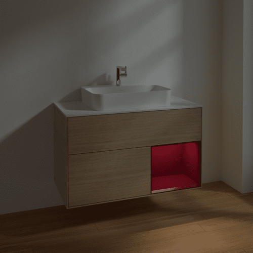 VILLEROY BOCH Finion Waschbeckenunterschrank, mit Beleuchtung, 2 Auszüge, 1000 x 603 x 501 mm, Oak Veneer / Peony Matt Lacquer / Glass White Matt #F371HBPC, Bild 5