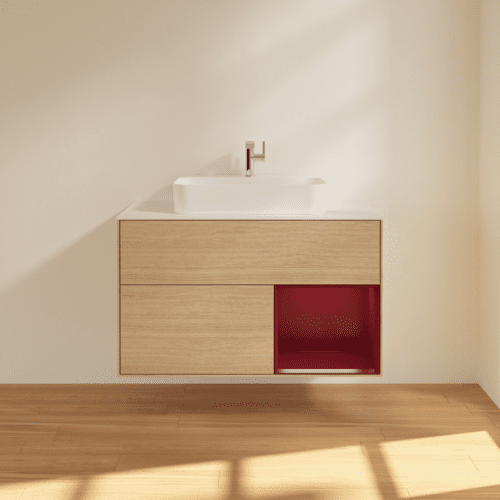 VILLEROY BOCH Finion Waschbeckenunterschrank, mit Beleuchtung, 2 Auszüge, 1000 x 603 x 501 mm, Oak Veneer / Peony Matt Lacquer / Glass White Matt #F371HBPC, Bild 3