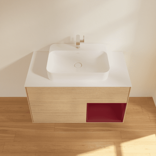 VILLEROY BOCH Finion Waschbeckenunterschrank, mit Beleuchtung, 2 Auszüge, 1000 x 603 x 501 mm, Oak Veneer / Peony Matt Lacquer / Glass White Matt #F371HBPC, Bild 4