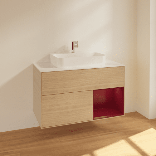 VILLEROY BOCH Finion Waschbeckenunterschrank, mit Beleuchtung, 2 Auszüge, 1000 x 603 x 501 mm, Oak Veneer / Peony Matt Lacquer / Glass White Matt #F371HBPC, Bild 2