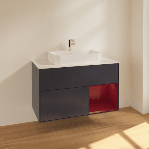VILLEROY BOCH Finion Waschbeckenunterschrank, mit Beleuchtung, 2 Auszüge, 1000 x 603 x 501 mm, Midnight Blue Matt Lacquer / Peony Matt Lacquer / Glass White Matt #F371HBHG, Bild 2