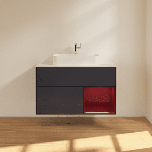 VILLEROY BOCH Finion Waschbeckenunterschrank, mit Beleuchtung, 2 Auszüge, 1000 x 603 x 501 mm, Midnight Blue Matt Lacquer / Peony Matt Lacquer / Glass White Matt #F371HBHG, Bild 3