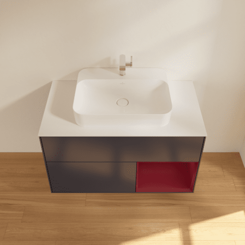 VILLEROY BOCH Finion Waschbeckenunterschrank, mit Beleuchtung, 2 Auszüge, 1000 x 603 x 501 mm, Midnight Blue Matt Lacquer / Peony Matt Lacquer / Glass White Matt #F371HBHG, Bild 4
