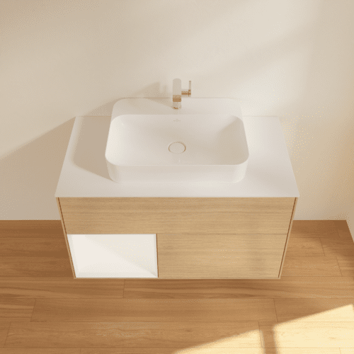 VILLEROY BOCH Finion Waschbeckenunterschrank, mit Beleuchtung, 2 Auszüge, 1000 x 603 x 501 mm, Oak Veneer / White Matt Lacquer / Glass White Matt #F361MTPC, Bild 4