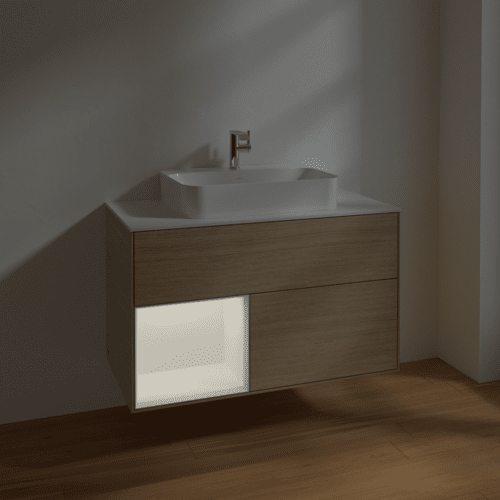 VILLEROY BOCH Finion Waschbeckenunterschrank, mit Beleuchtung, 2 Auszüge, 1000 x 603 x 501 mm, Oak Veneer / White Matt Lacquer / Glass White Matt #F361MTPC, Bild 5