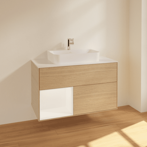 VILLEROY BOCH Finion Waschbeckenunterschrank, mit Beleuchtung, 2 Auszüge, 1000 x 603 x 501 mm, Oak Veneer / White Matt Lacquer / Glass White Matt #F361MTPC, Bild 2