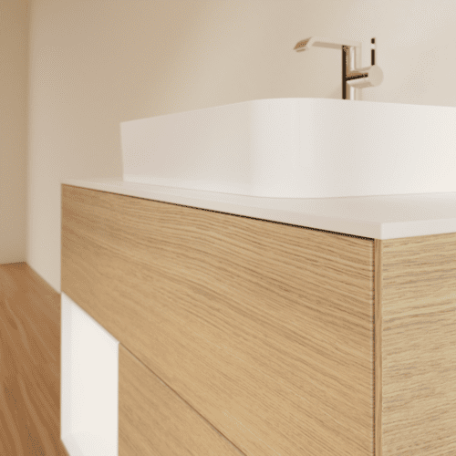 VILLEROY BOCH Finion Waschbeckenunterschrank, mit Beleuchtung, 2 Auszüge, 1000 x 603 x 501 mm, Oak Veneer / White Matt Lacquer / Glass White Matt #F361MTPC, Bild 6
