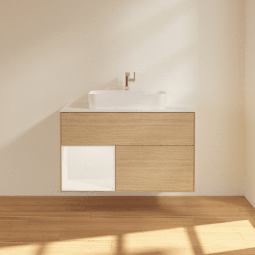 VILLEROY BOCH Finion Waschbeckenunterschrank, mit Beleuchtung, 2 Auszüge, 1000 x 603 x 501 mm, Oak Veneer / White Matt Lacquer / Glass White Matt #F361MTPC, Bild 3