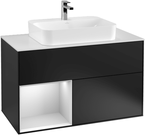 VILLEROY BOCH Finion Vanity unit, with lighting, 2 pull-out compartments, 1000 x 603 x 501 mm, Black Matt Lacquer / White Matt Lacquer / Glass White Matt #F361MTPD resmi