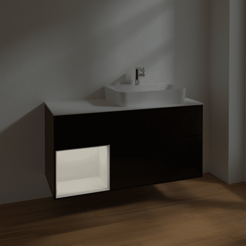 Bild von VILLEROY BOCH Finion Waschbeckenunterschrank, mit Beleuchtung, 3 Auszüge, 1200 x 603 x 501 mm, Black Matt Lacquer / Glossy White Lacquer / Glass White Matt #F391GFPD