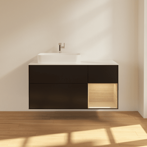 Bild von VILLEROY BOCH Finion Waschbeckenunterschrank, mit Beleuchtung, 3 Auszüge, 1200 x 603 x 501 mm, Black Matt Lacquer / Oak Veneer / Glass White Matt #F401PCPD