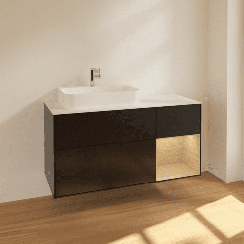Bild von VILLEROY BOCH Finion Waschbeckenunterschrank, mit Beleuchtung, 3 Auszüge, 1200 x 603 x 501 mm, Black Matt Lacquer / Oak Veneer / Glass White Matt #F401PCPD