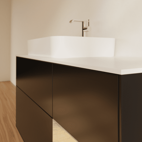 Bild von VILLEROY BOCH Finion Waschbeckenunterschrank, mit Beleuchtung, 3 Auszüge, 1200 x 603 x 501 mm, Black Matt Lacquer / Oak Veneer / Glass White Matt #F401PCPD