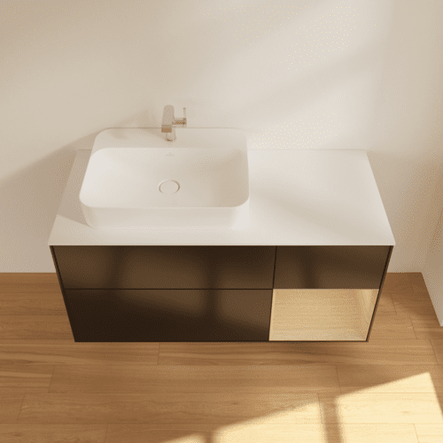 Bild von VILLEROY BOCH Finion Waschbeckenunterschrank, mit Beleuchtung, 3 Auszüge, 1200 x 603 x 501 mm, Black Matt Lacquer / Oak Veneer / Glass White Matt #F401PCPD