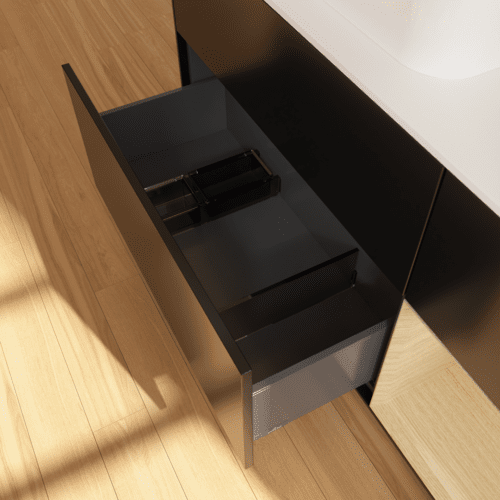 Bild von VILLEROY BOCH Finion Waschbeckenunterschrank, mit Beleuchtung, 3 Auszüge, 1200 x 603 x 501 mm, Black Matt Lacquer / Oak Veneer / Glass White Matt #F401PCPD
