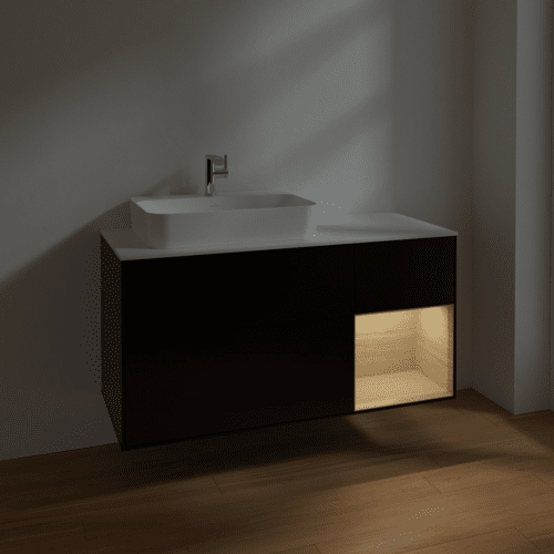 Bild von VILLEROY BOCH Finion Waschbeckenunterschrank, mit Beleuchtung, 3 Auszüge, 1200 x 603 x 501 mm, Black Matt Lacquer / Oak Veneer / Glass White Matt #F401PCPD