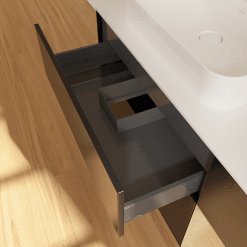 Bild von VILLEROY BOCH Finion Waschbeckenunterschrank, mit Beleuchtung, 3 Auszüge, 1200 x 603 x 501 mm, Black Matt Lacquer / Oak Veneer / Glass White Matt #F401PCPD