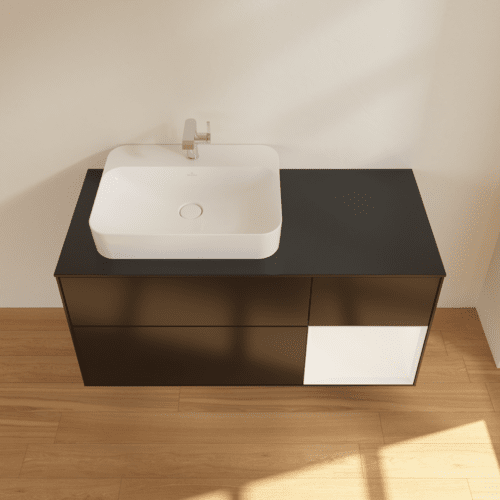 Bild von VILLEROY BOCH Finion Waschbeckenunterschrank, mit Beleuchtung, 3 Auszüge, 1200 x 603 x 501 mm, Black Matt Lacquer / White Matt Lacquer / Glass Black Matt #F402MTPD