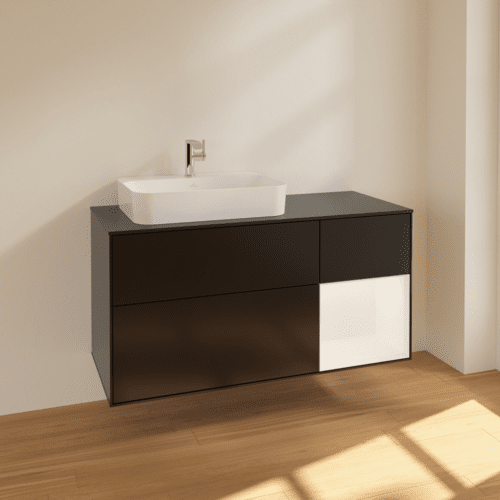 Bild von VILLEROY BOCH Finion Waschbeckenunterschrank, mit Beleuchtung, 3 Auszüge, 1200 x 603 x 501 mm, Black Matt Lacquer / White Matt Lacquer / Glass Black Matt #F402MTPD