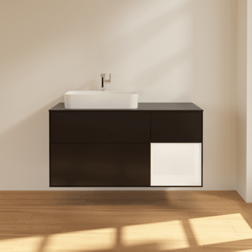 Bild von VILLEROY BOCH Finion Waschbeckenunterschrank, mit Beleuchtung, 3 Auszüge, 1200 x 603 x 501 mm, Black Matt Lacquer / White Matt Lacquer / Glass Black Matt #F402MTPD