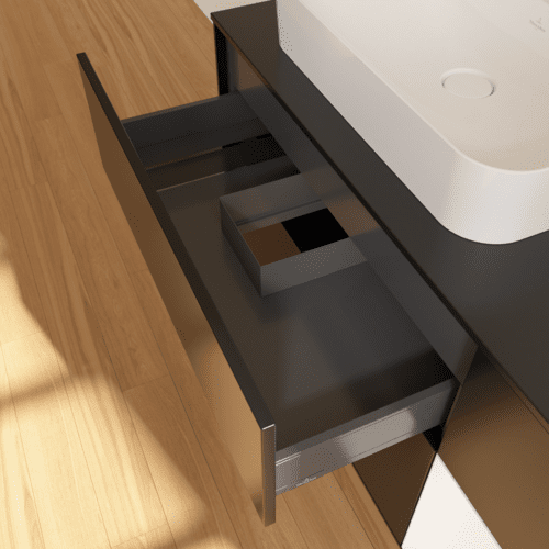 Bild von VILLEROY BOCH Finion Waschbeckenunterschrank, mit Beleuchtung, 3 Auszüge, 1200 x 603 x 501 mm, Black Matt Lacquer / White Matt Lacquer / Glass Black Matt #F402MTPD