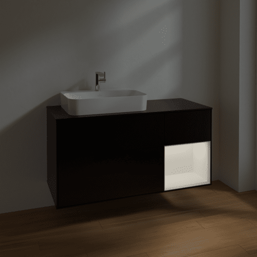 Bild von VILLEROY BOCH Finion Waschbeckenunterschrank, mit Beleuchtung, 3 Auszüge, 1200 x 603 x 501 mm, Black Matt Lacquer / White Matt Lacquer / Glass Black Matt #F402MTPD