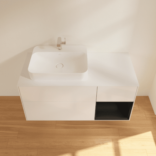 Picture of VILLEROY BOCH Finion Vanity unit, with lighting, 3 pull-out compartments, 1200 x 603 x 501 mm, Glossy White Lacquer / Black Matt Lacquer / Glass White Matt #F401PDGF