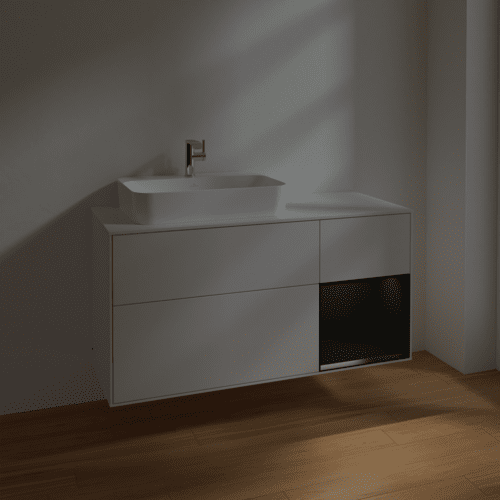 Picture of VILLEROY BOCH Finion Vanity unit, with lighting, 3 pull-out compartments, 1200 x 603 x 501 mm, Glossy White Lacquer / Black Matt Lacquer / Glass White Matt #F401PDGF