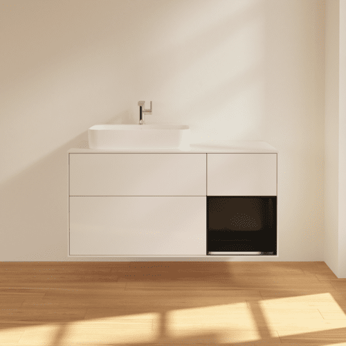 Picture of VILLEROY BOCH Finion Vanity unit, with lighting, 3 pull-out compartments, 1200 x 603 x 501 mm, Glossy White Lacquer / Black Matt Lacquer / Glass White Matt #F401PDGF