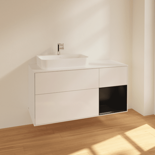 Picture of VILLEROY BOCH Finion Vanity unit, with lighting, 3 pull-out compartments, 1200 x 603 x 501 mm, Glossy White Lacquer / Black Matt Lacquer / Glass White Matt #F401PDGF