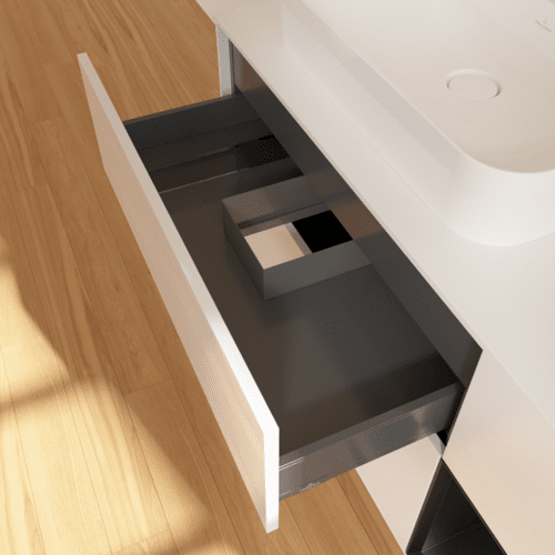 Picture of VILLEROY BOCH Finion Vanity unit, with lighting, 3 pull-out compartments, 1200 x 603 x 501 mm, Glossy White Lacquer / Black Matt Lacquer / Glass White Matt #F401PDGF