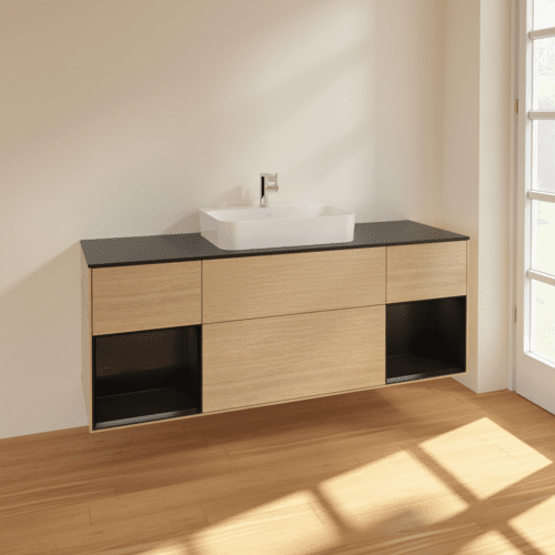 Bild von VILLEROY BOCH Finion Waschbeckenunterschrank, mit Beleuchtung, 4 Auszüge, 1600 x 603 x 501 mm, Oak Veneer / Black Matt Lacquer / Glass Black Matt #F452PDPC