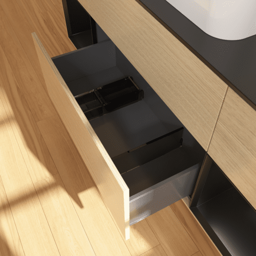 Bild von VILLEROY BOCH Finion Waschbeckenunterschrank, mit Beleuchtung, 4 Auszüge, 1600 x 603 x 501 mm, Oak Veneer / Black Matt Lacquer / Glass Black Matt #F452PDPC