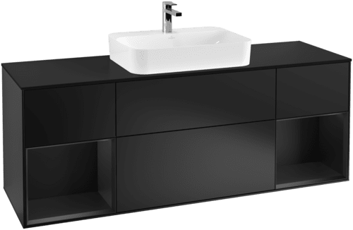 Obrázek VILLEROY BOCH Toaletní skříňka Finion, s osvětlením, 4 výsuvy, 1600 x 603 x 501 mm, černý matný lak / černý matný lak / černé matné sklo #F452PDPD