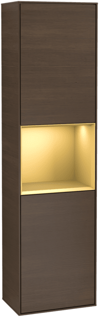 Зображення з  VILLEROY BOCH Finion Tall cabinet, with lighting, 2 doors, 418 x 1516 x 270 mm, Walnut Veneer / Gold Matt Lacquer #F470HFGN