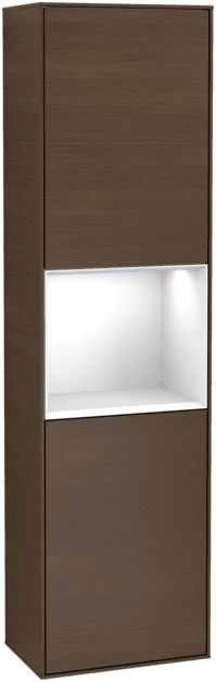 Picture of VILLEROY BOCH Finion Tall cabinet, with lighting, 2 doors, 418 x 1516 x 270 mm, Walnut Veneer / Glossy White Lacquer #F460GFGN