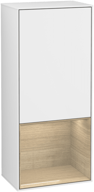 Зображення з  VILLEROY BOCH Finion Side cabinet, with lighting, 1 door, 418 x 936 x 270 mm, Glossy White Lacquer / Oak Veneer #F550PCGF