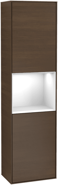 Obrázek VILLEROY BOCH Vysoká skříňka Finion, s osvětlením, 2 dveře, 418 x 1516 x 270 mm, ořechová dýha / lesklý bílý lak #F470GFGN