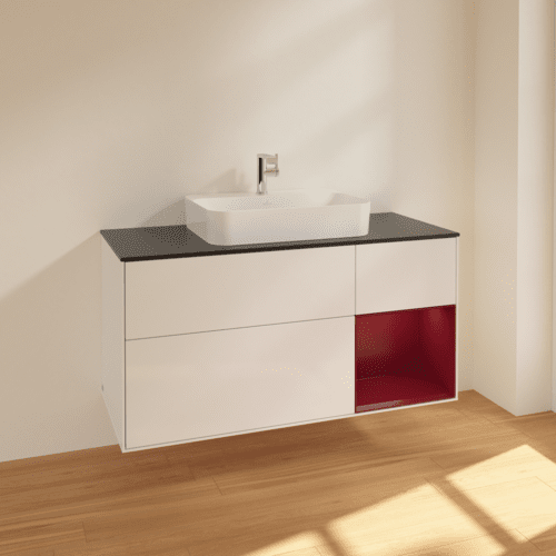 Bild von VILLEROY BOCH Finion Waschbeckenunterschrank, mit Beleuchtung, 3 Auszüge, 1200 x 603 x 501 mm, Glossy White Lacquer / Peony Matt Lacquer / Glass Black Matt #F422HBGF