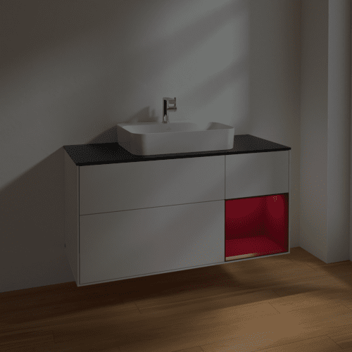 Bild von VILLEROY BOCH Finion Waschbeckenunterschrank, mit Beleuchtung, 3 Auszüge, 1200 x 603 x 501 mm, Glossy White Lacquer / Peony Matt Lacquer / Glass Black Matt #F422HBGF