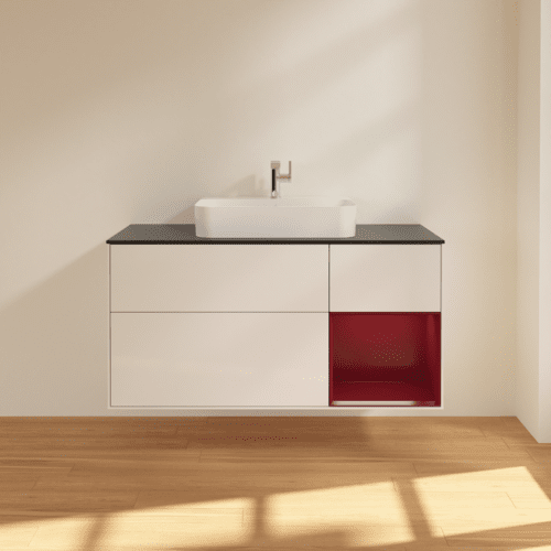 Bild von VILLEROY BOCH Finion Waschbeckenunterschrank, mit Beleuchtung, 3 Auszüge, 1200 x 603 x 501 mm, Glossy White Lacquer / Peony Matt Lacquer / Glass Black Matt #F422HBGF