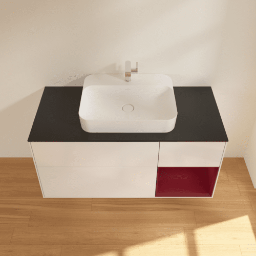 Bild von VILLEROY BOCH Finion Waschbeckenunterschrank, mit Beleuchtung, 3 Auszüge, 1200 x 603 x 501 mm, Glossy White Lacquer / Peony Matt Lacquer / Glass Black Matt #F422HBGF