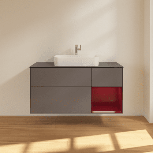 Bild von VILLEROY BOCH Finion Waschbeckenunterschrank, mit Beleuchtung, 3 Auszüge, 1200 x 603 x 501 mm, Anthracite Matt Lacquer / Peony Matt Lacquer / Glass Black Matt #F422HBGK