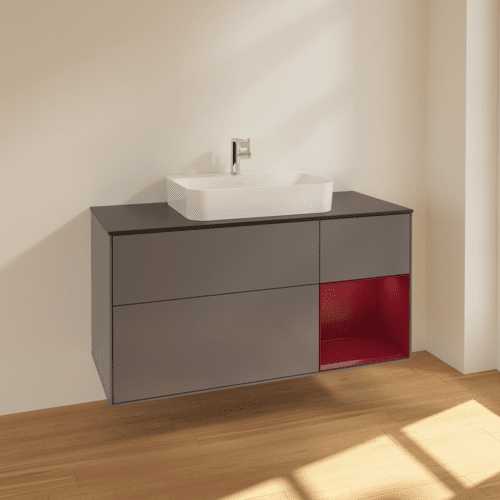 Bild von VILLEROY BOCH Finion Waschbeckenunterschrank, mit Beleuchtung, 3 Auszüge, 1200 x 603 x 501 mm, Anthracite Matt Lacquer / Peony Matt Lacquer / Glass Black Matt #F422HBGK