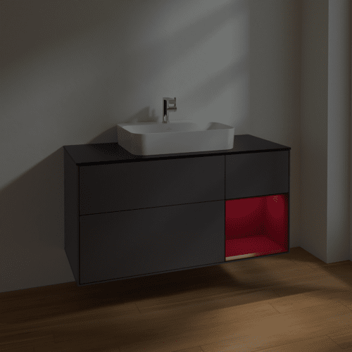 Bild von VILLEROY BOCH Finion Waschbeckenunterschrank, mit Beleuchtung, 3 Auszüge, 1200 x 603 x 501 mm, Anthracite Matt Lacquer / Peony Matt Lacquer / Glass Black Matt #F422HBGK