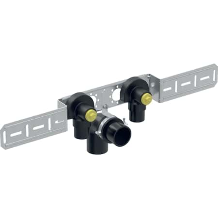 Picture of GEBERIT FlowFit connection bend 90°, premounted, double, offset, with drain pipe bracket and connection bend #619.680.00.1