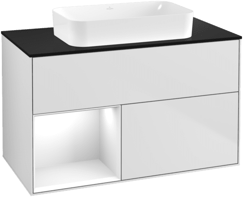 Obrázek VILLEROY BOCH Umyvadlová skříňka Finion, s osvětlením, 2 výsuvy, 1000 x 603 x 501 mm, bílý matný lak / bílý lesklý lak / černé matné sklo #F652GFMT