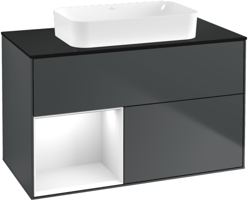 Picture of VILLEROY BOCH Finion Vanity unit, with lighting, 2 pull-out compartments, 1000 x 603 x 501 mm, Midnight Blue Matt Lacquer / Glossy White Lacquer / Glass Black Matt #F652GFHG